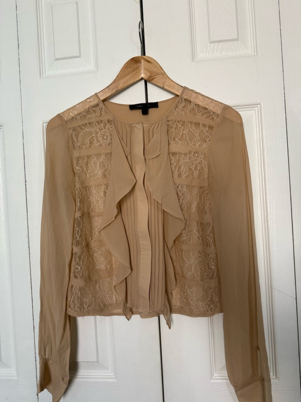 BCBGMaxAzria Beige Lace Ruffle Front Blouse